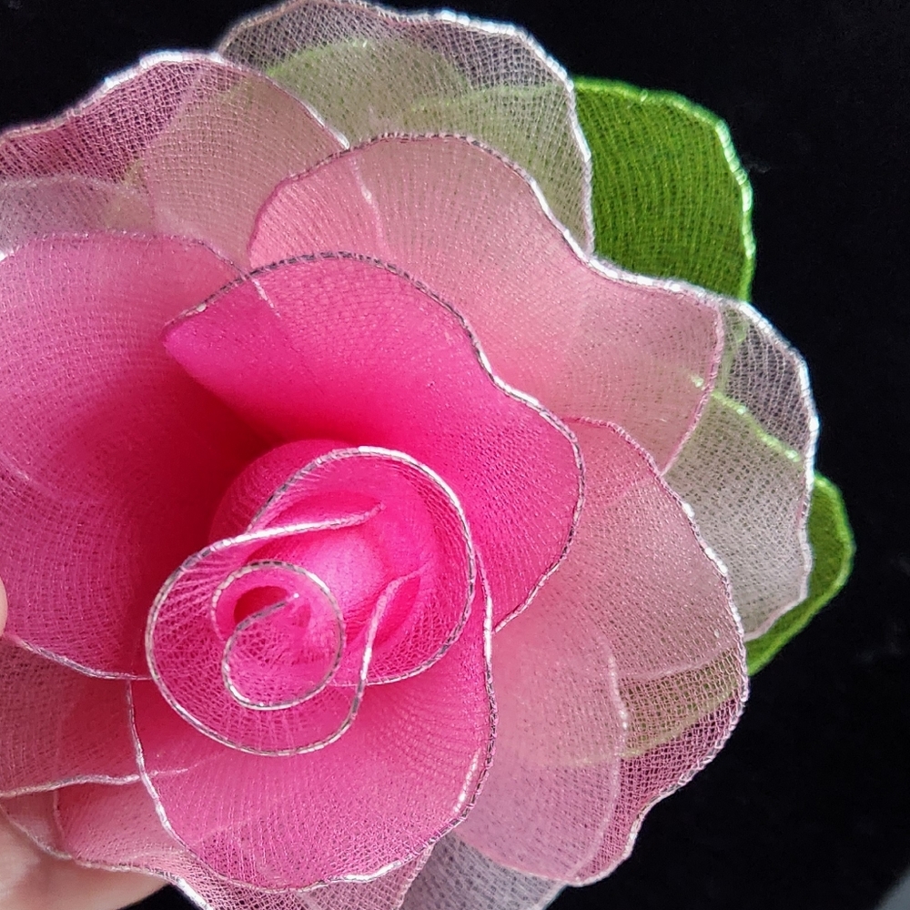 Pink Rose with green leaves, brooch pin. So cute! Looks like a corsage. Pretty!
